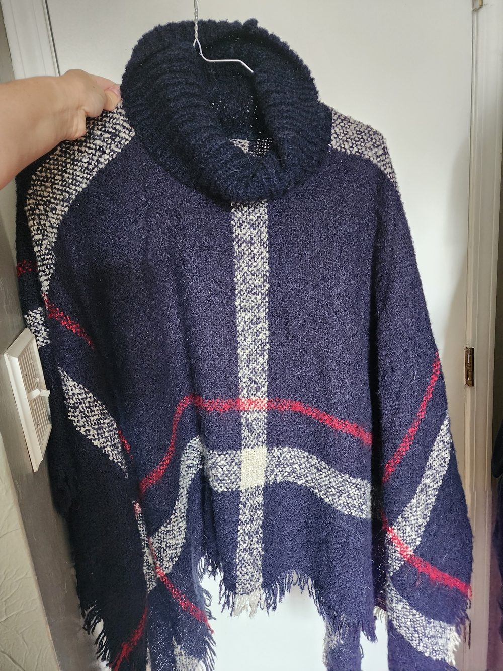 Turtleneck Plaid Poncho Sweater - Navy